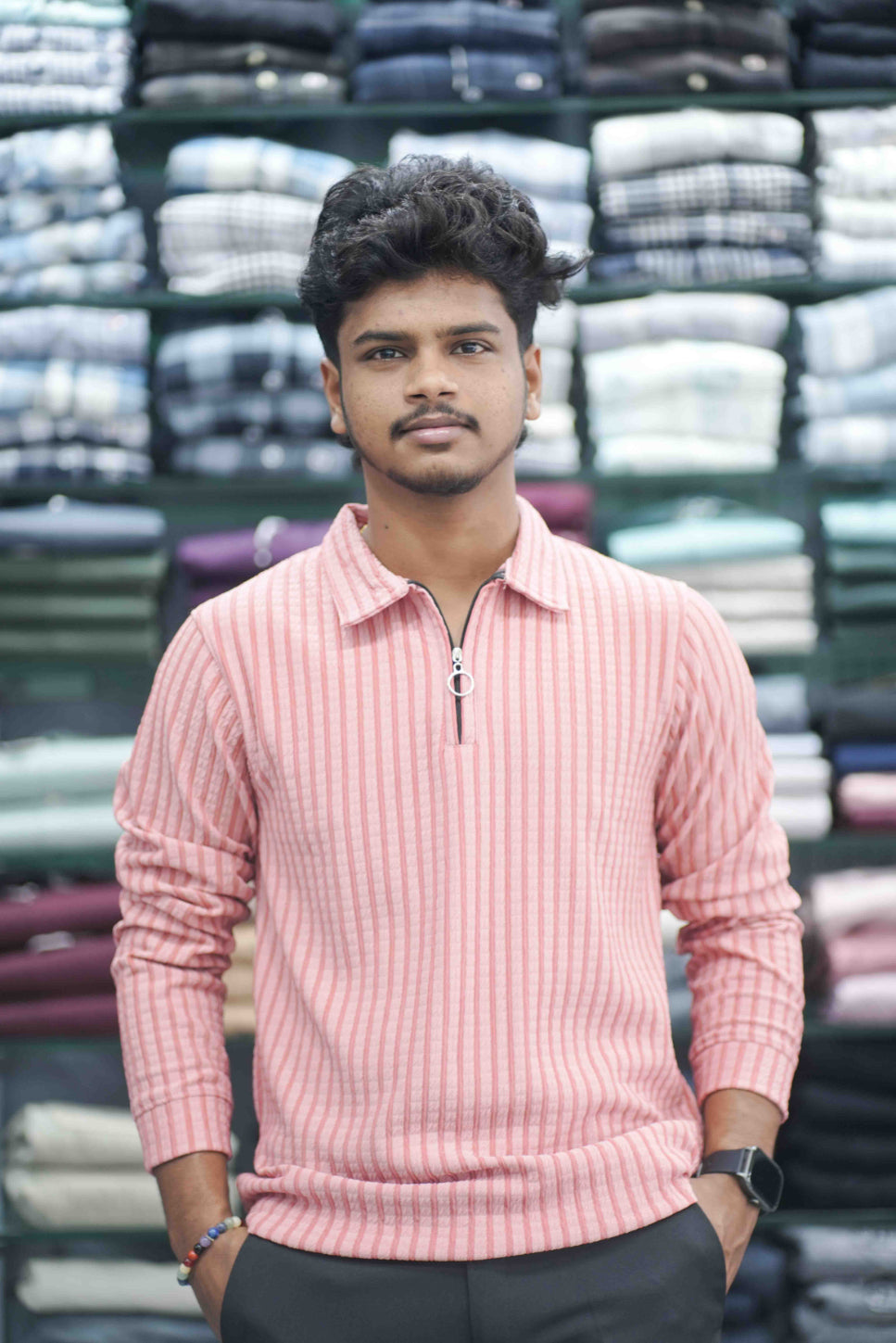 Vertical Stripe Full Sleeve Zipper Mens T-Shirt | Korean Style Casual Wear - Pink-7 Man