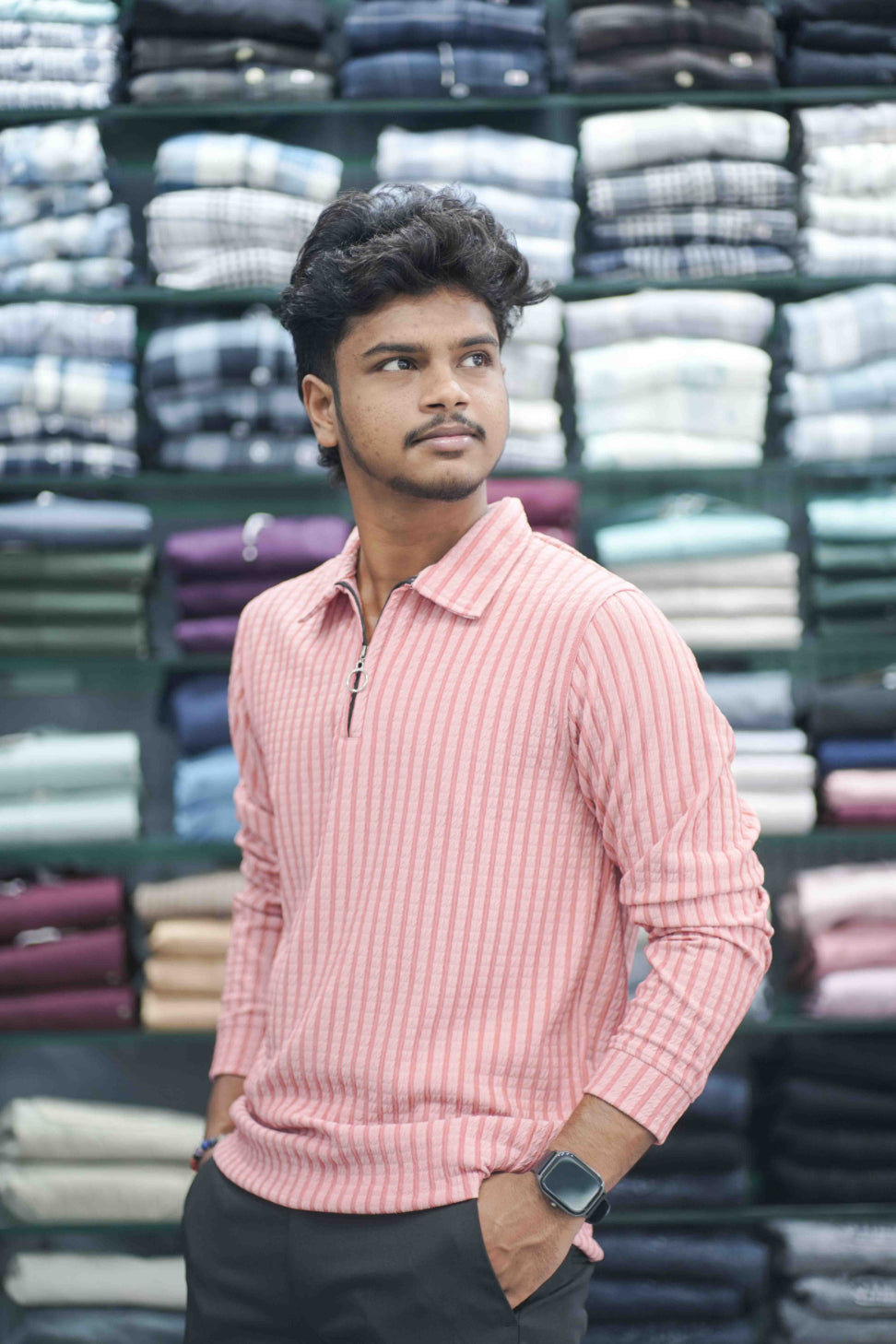 Vertical Stripe Full Sleeve Zipper Mens T-Shirt | Korean Style Casual Wear - Pink-7 Man