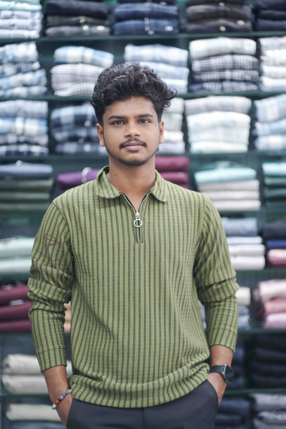 Vertical Stripe Full Sleeve Zipper Mens T-Shirt | Korean Style Casual Wear - Mahendhi Green-7 Man