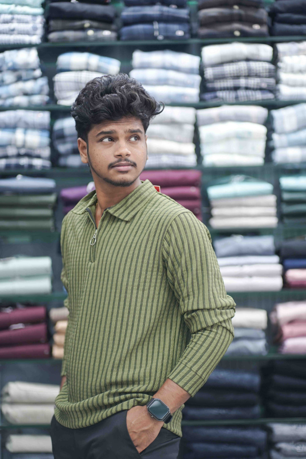 Vertical Stripe Full Sleeve Zipper Mens T-Shirt | Korean Style Casual Wear - Mahendhi Green-7 Man
