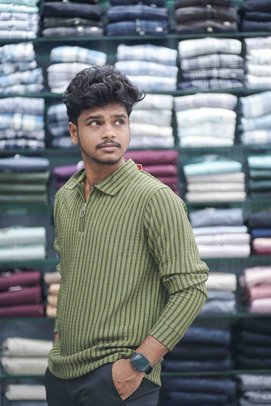 Vertical Stripe Full Sleeve Zipper Mens T-Shirt | Korean Style Casual Wear - Mahendhi Green-7 Man