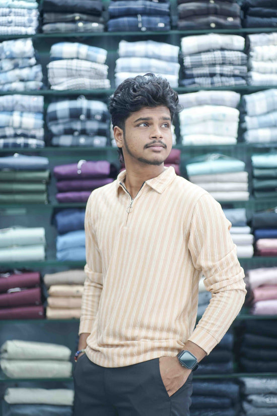 Vertical Stripe Full Sleeve Zipper Mens T-Shirt | Korean Style Casual Wear - Peach-7 Man