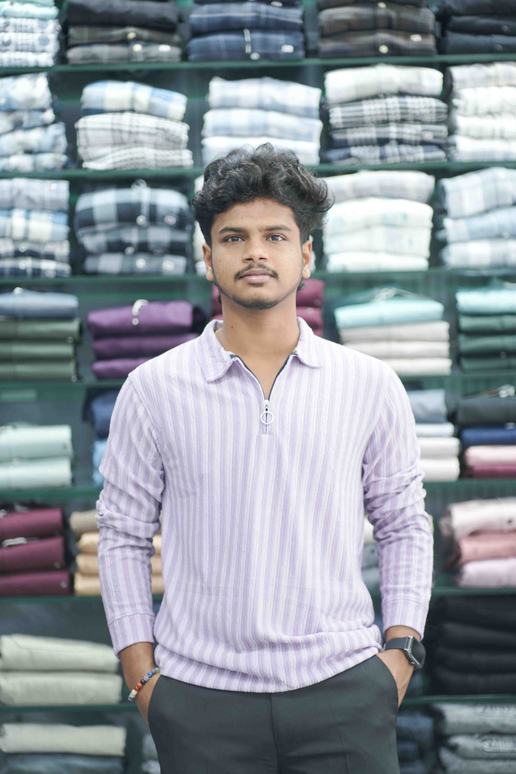 Vertical Stripe Full Sleeve Zipper Mens T-Shirt | Korean Style Casual Wear - Lavendar-7 Man