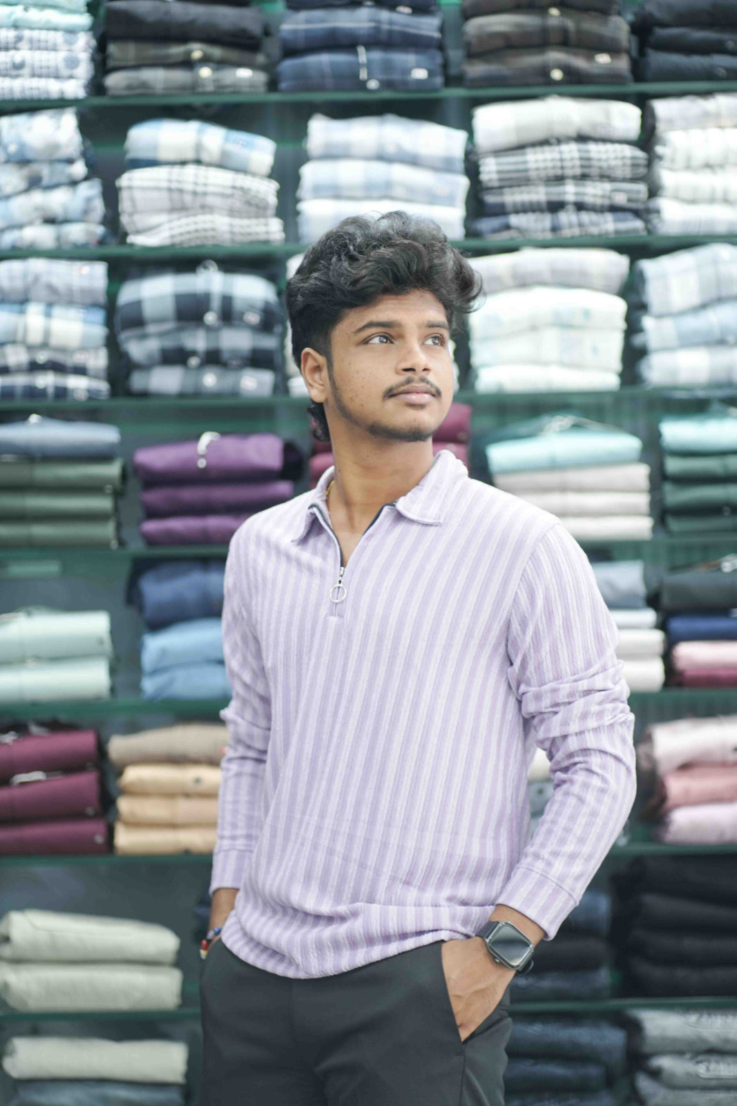 Vertical Stripe Full Sleeve Zipper Mens T-Shirt | Korean Style Casual Wear - Lavendar-7 Man