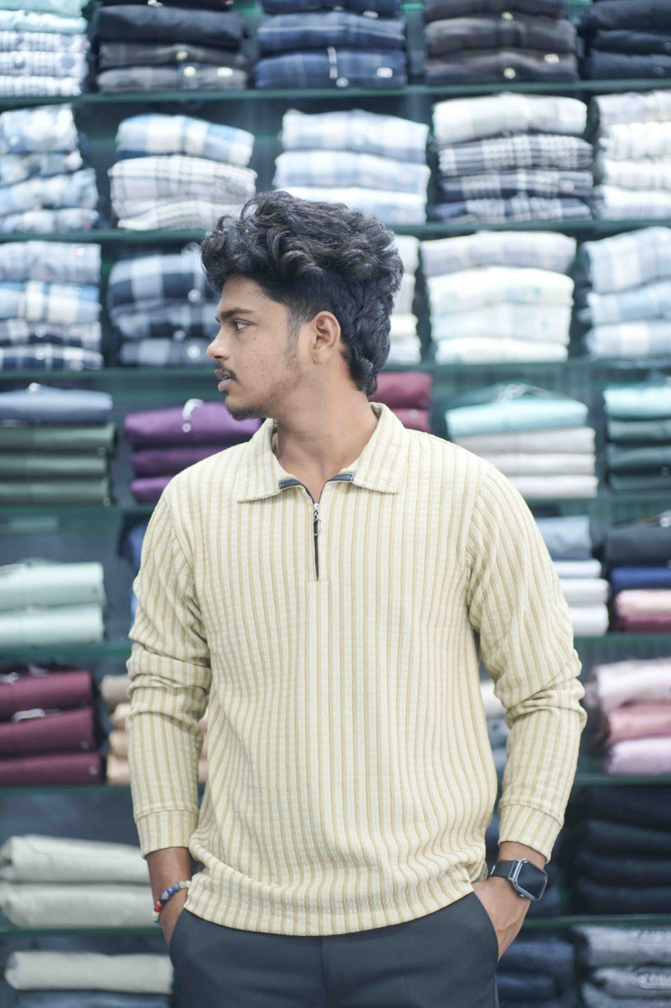 Vertical Stripe Full Sleeve Zipper Mens T-Shirt | Korean Style Casual Wear - Sandle-7 Man
