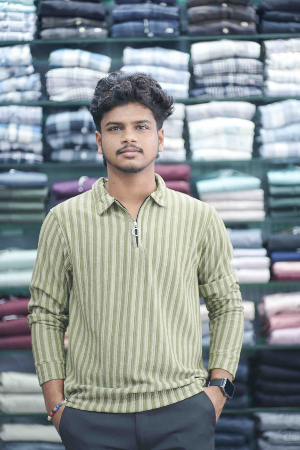 Vertical Stripe Full Sleeve Zipper Mens T-Shirt | Korean Style Casual Wear - Light Green-7 Man