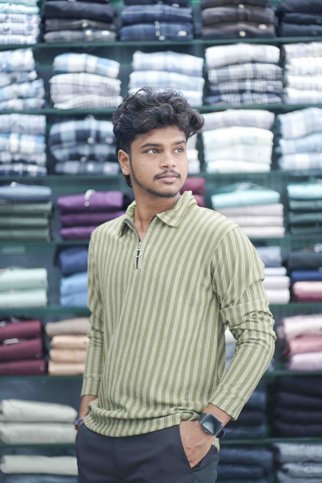 Vertical Stripe Full Sleeve Zipper Mens T-Shirt | Korean Style Casual Wear - Light Green-7 Man