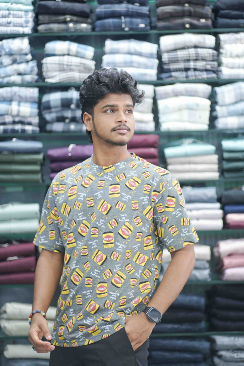 Men's Dailywear Half Sleeve Round Neck Printed Tshirt for Men - Grey and Yellow