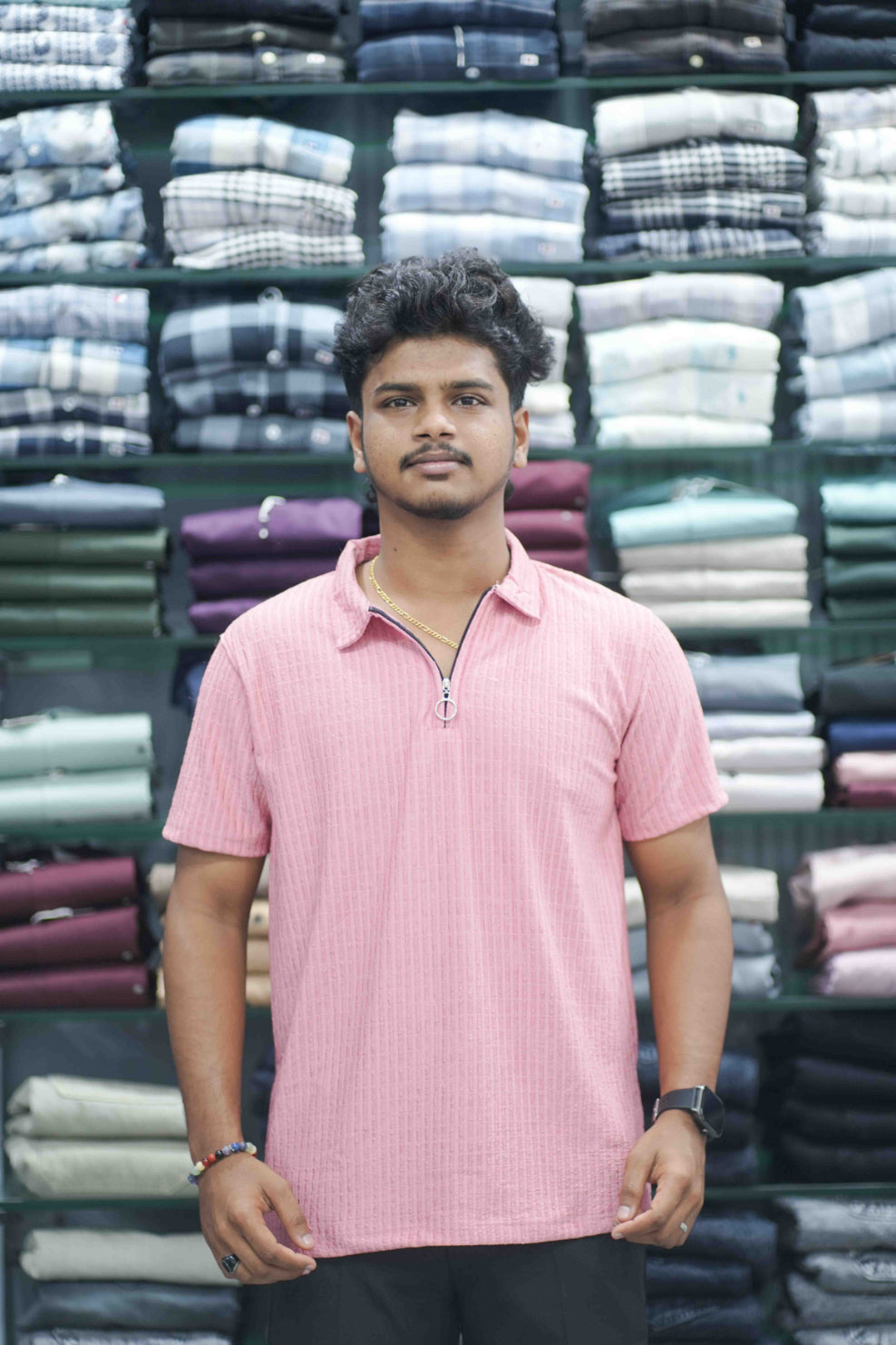 Korean Style Half Sleeve Zipper T-Shirt | Casual Summer Wear for Trendy Look - Pink-7 Man