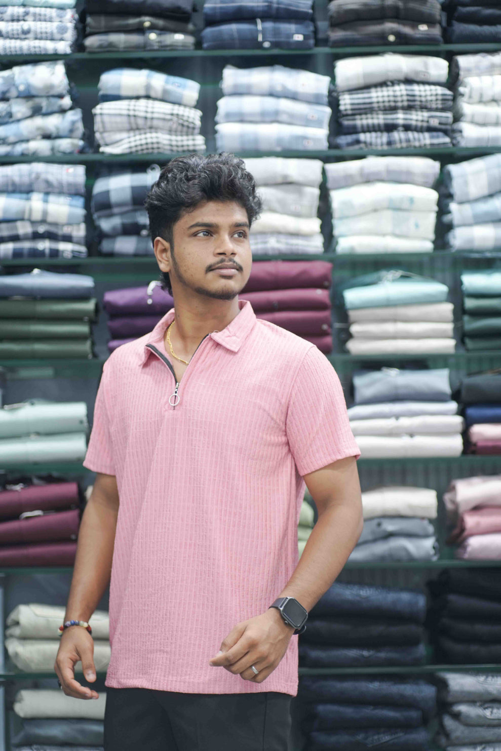 Korean Style Half Sleeve Zipper T-Shirt | Casual Summer Wear for Trendy Look - Pink-7 Man