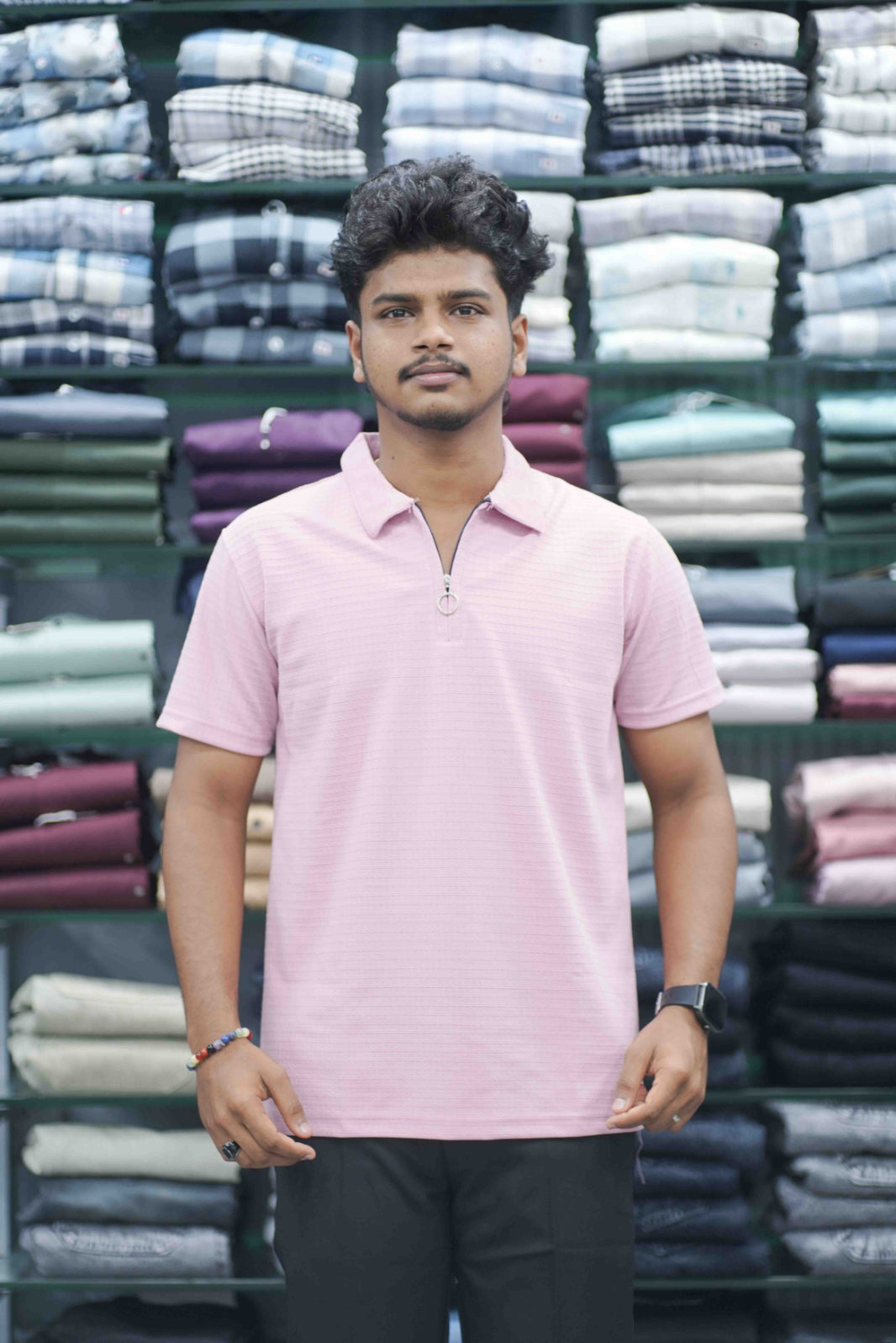 Men's Half Sleeve HORIZONTAL LINE Casual Wear Zipper Collar T-Shirt - Pink-7 Man