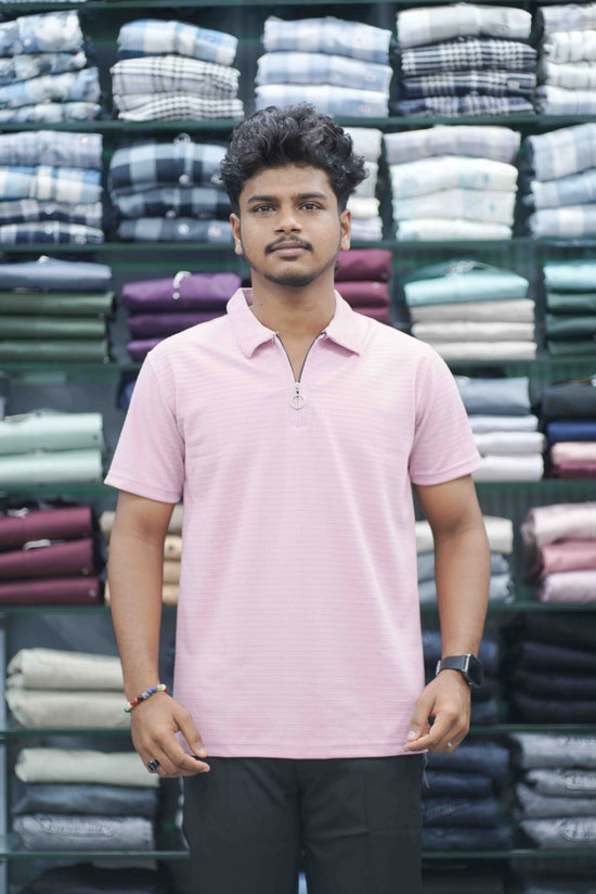 Men's Half Sleeve HORIZONTAL LINE Casual Wear Zipper Collar T-Shirt - Pink-7 Man