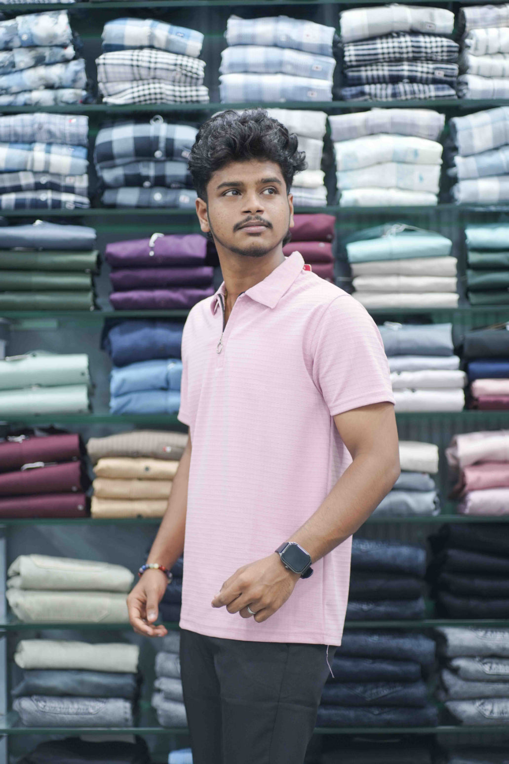 Men's Half Sleeve HORIZONTAL LINE Casual Wear Zipper Collar T-Shirt - Pink-7 Man