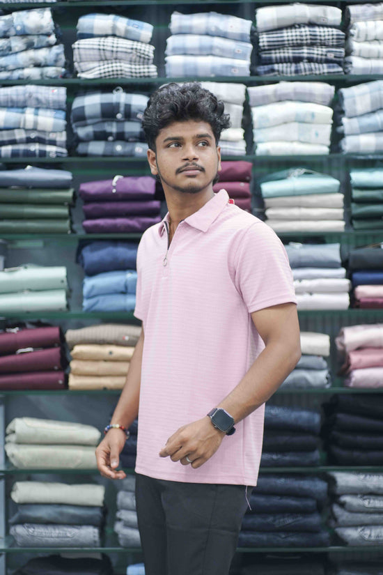 Men's Half Sleeve HORIZONTAL LINE Casual Wear Zipper Collar T-Shirt - Pink-7 Man