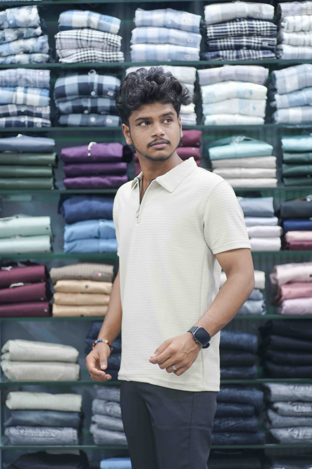 Men's Half Sleeve HORIZONTAL LINE Casual Wear Zipper Collar T-Shirt - Sandle-7 Man