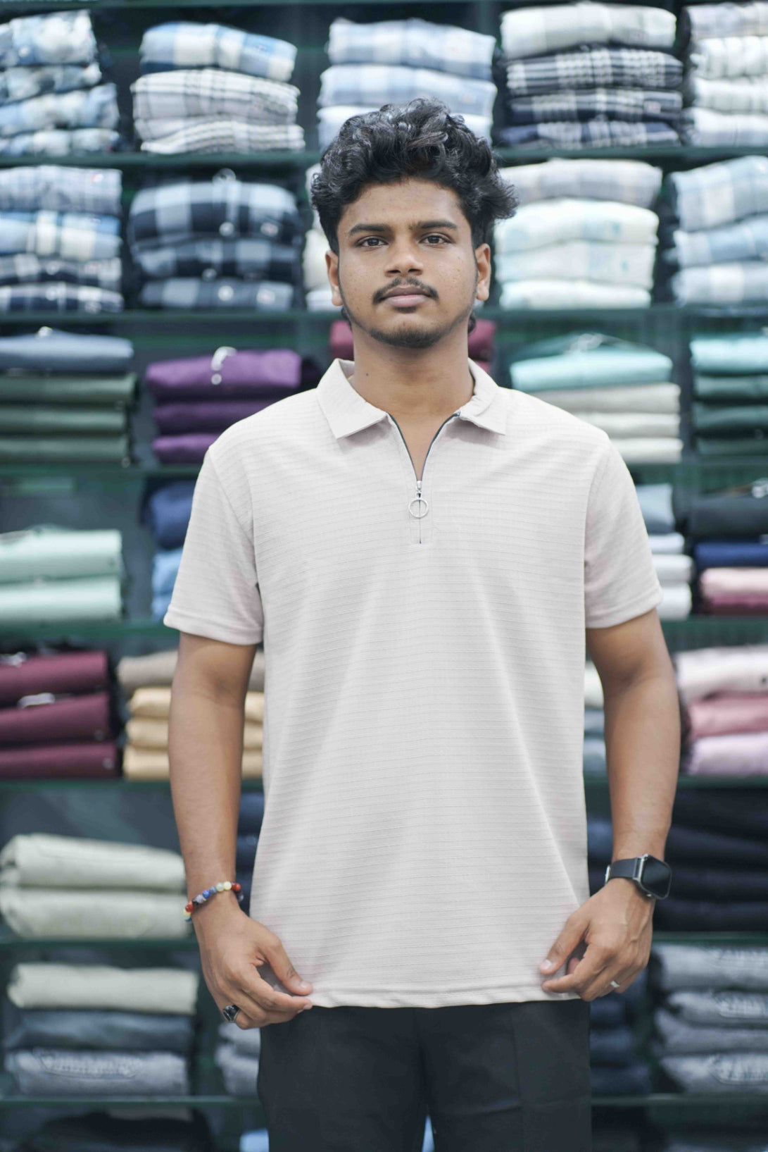 Men's Half Sleeve HORIZONTAL LINE Casual Wear Zipper Collar T-Shirt - Peach shade-7 Man