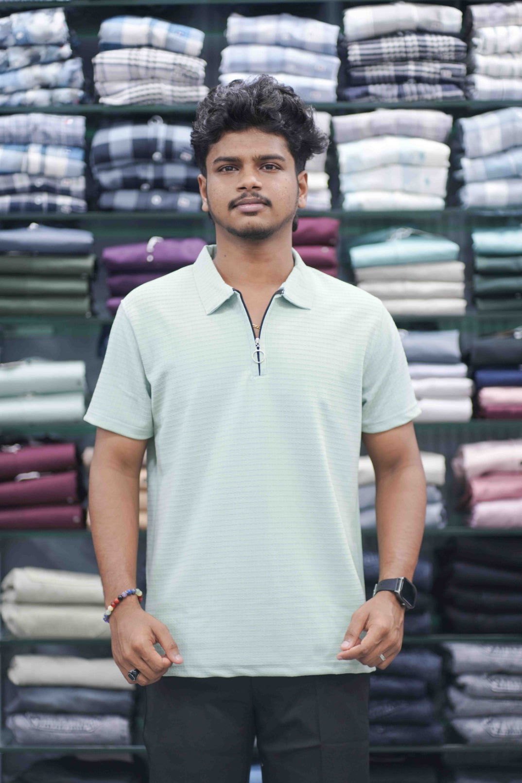 Men's Half Sleeve HORIZONTAL LINE Casual Wear Zipper Collar T-Shirt - Pistha Green-7 Man