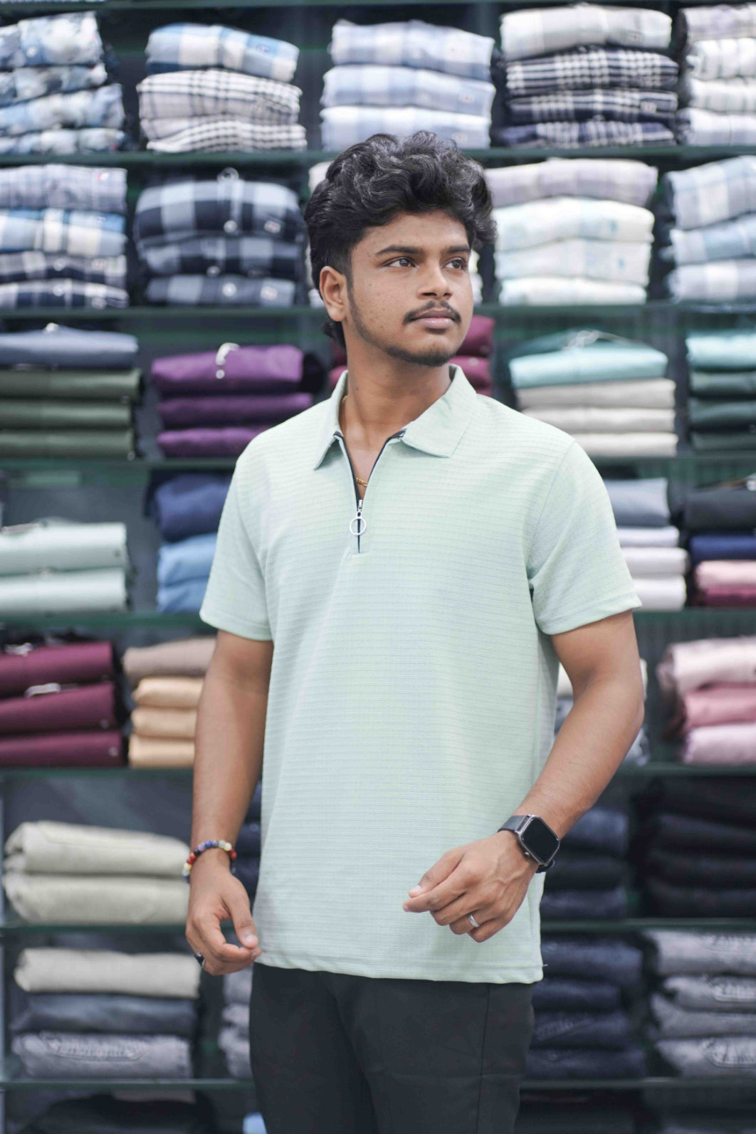 Men's Half Sleeve HORIZONTAL LINE Casual Wear Zipper Collar T-Shirt - Pistha Green-7 Man