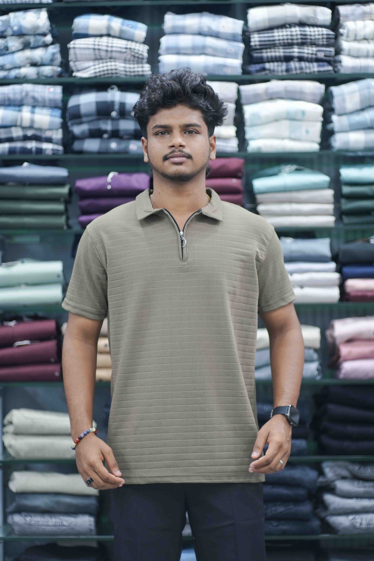 Men's Zipper Collar T-Shirt | Half Sleeve Textured Knit Casual Wear - Grey