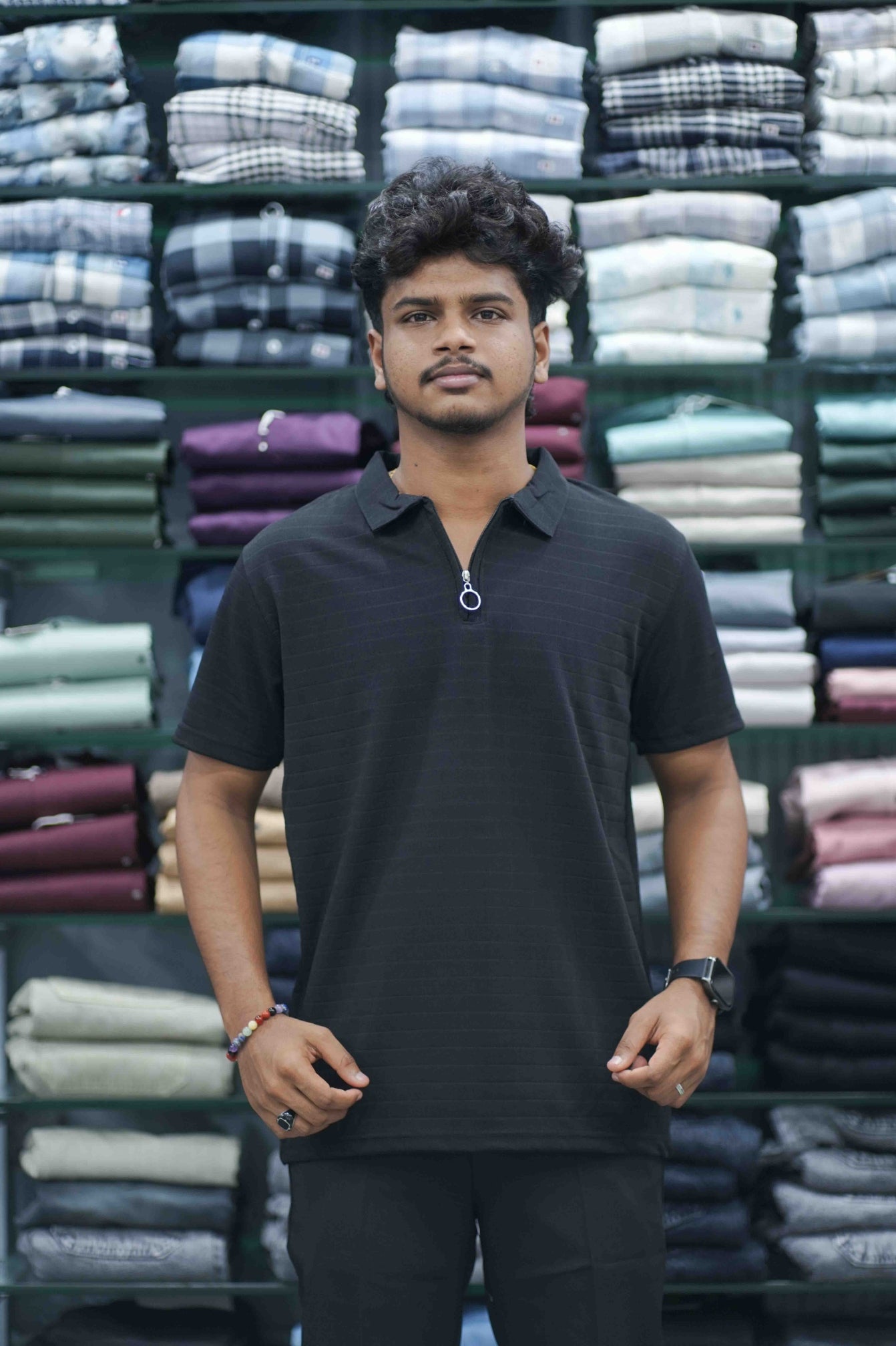 Men's Zipper Collar T-Shirt | Half Sleeve Textured Knit Casual Wear - Black