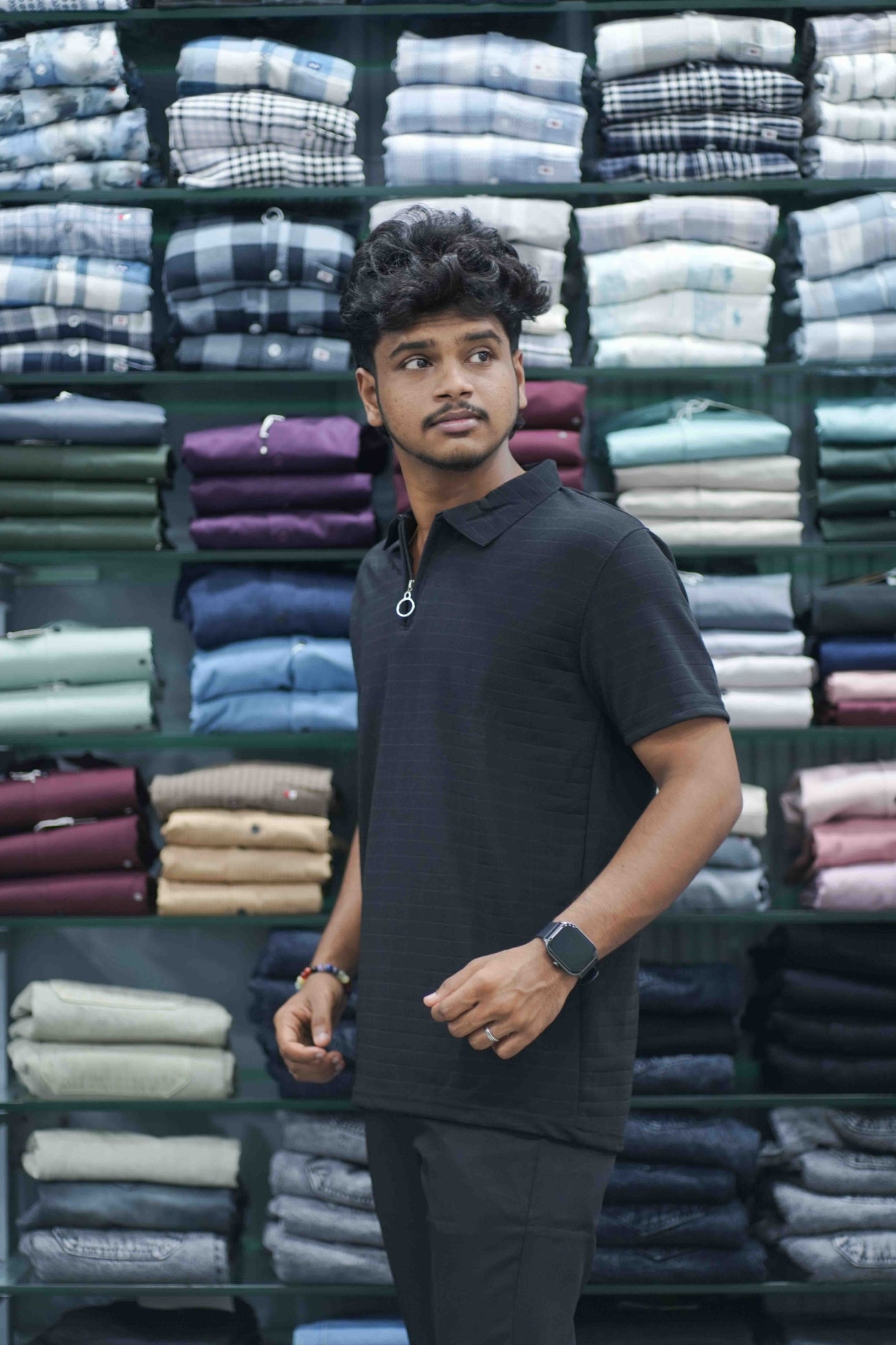 Men's Zipper Collar T-Shirt | Half Sleeve Textured Knit Casual Wear - Black