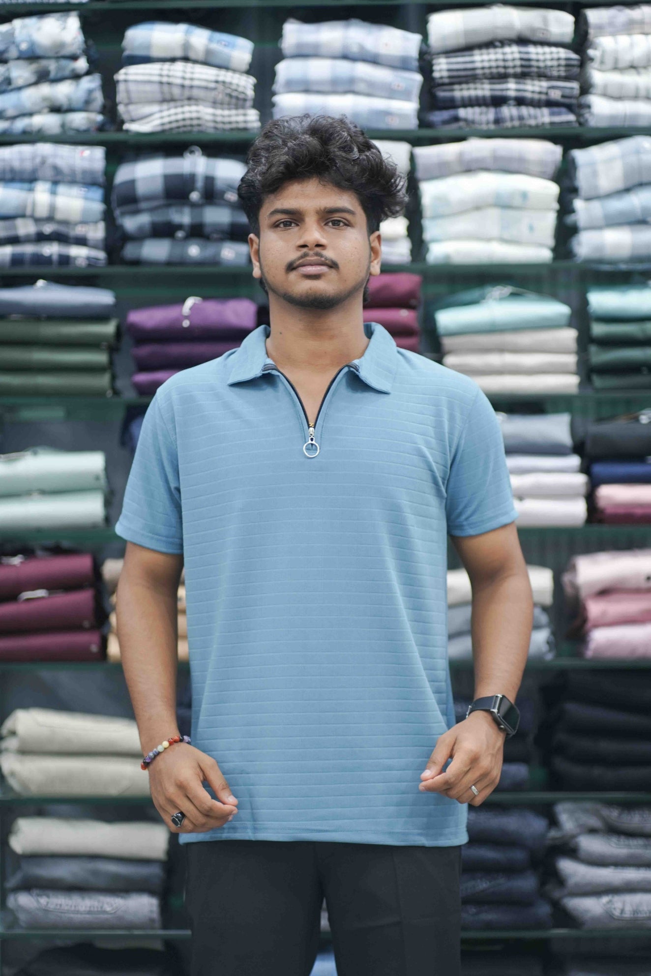 Men's Zipper Collar T-Shirt | Half Sleeve Textured Knit Casual Wear - Sky Blue