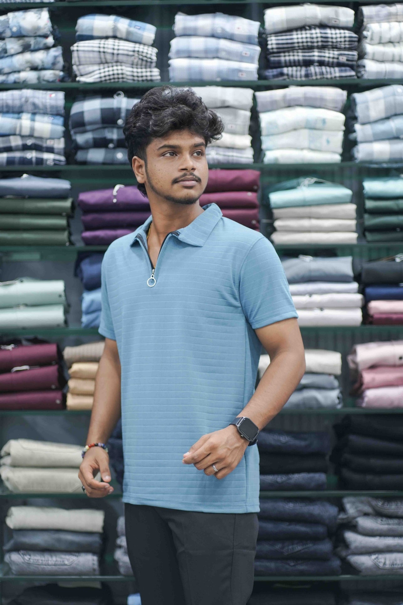 Men's Zipper Collar T-Shirt | Half Sleeve Textured Knit Casual Wear - Sky Blue