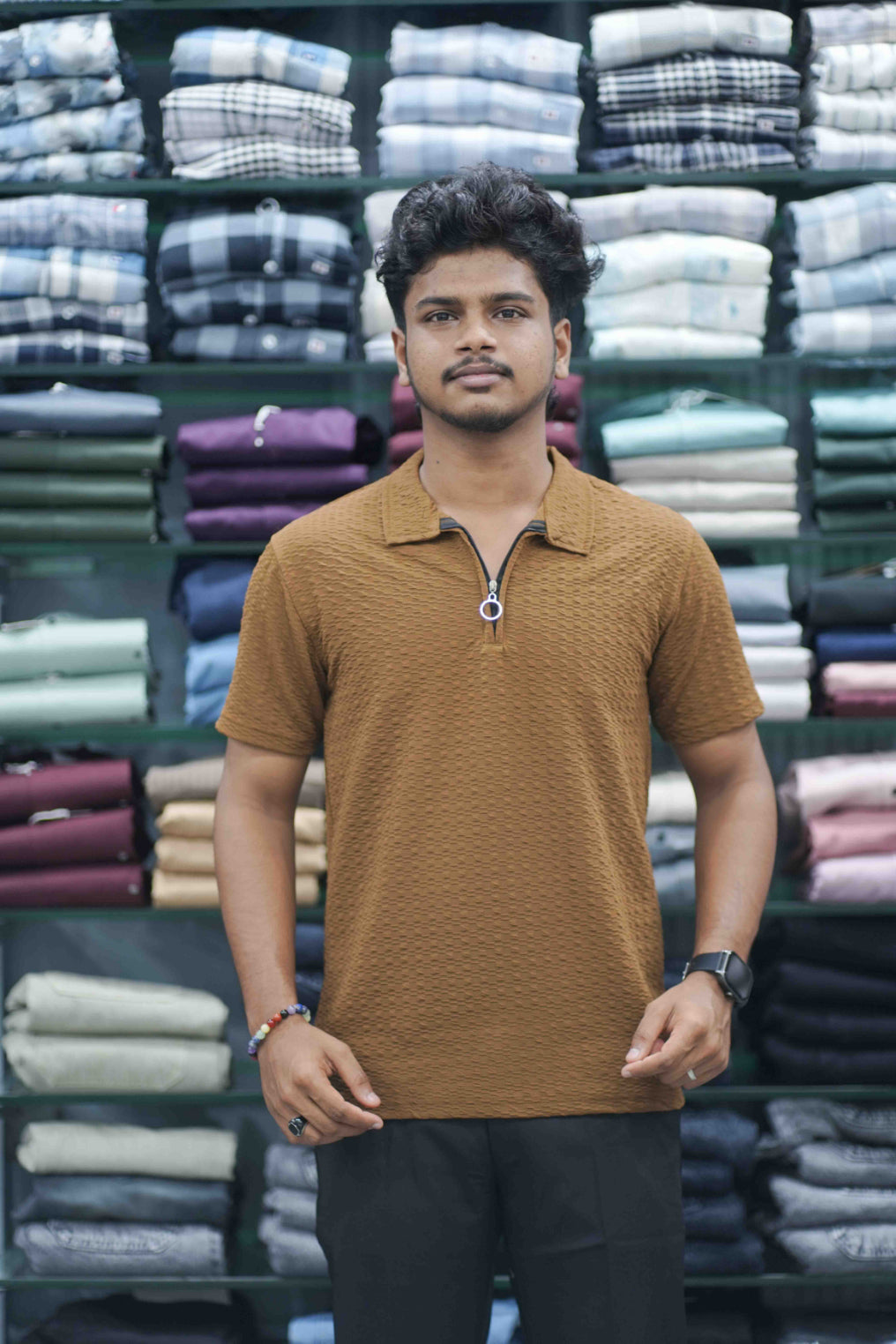 Men's Short Sleeve Zipper Collar T-Shirt | SQ Textured Knit Casual Wear - Brown-7 Man