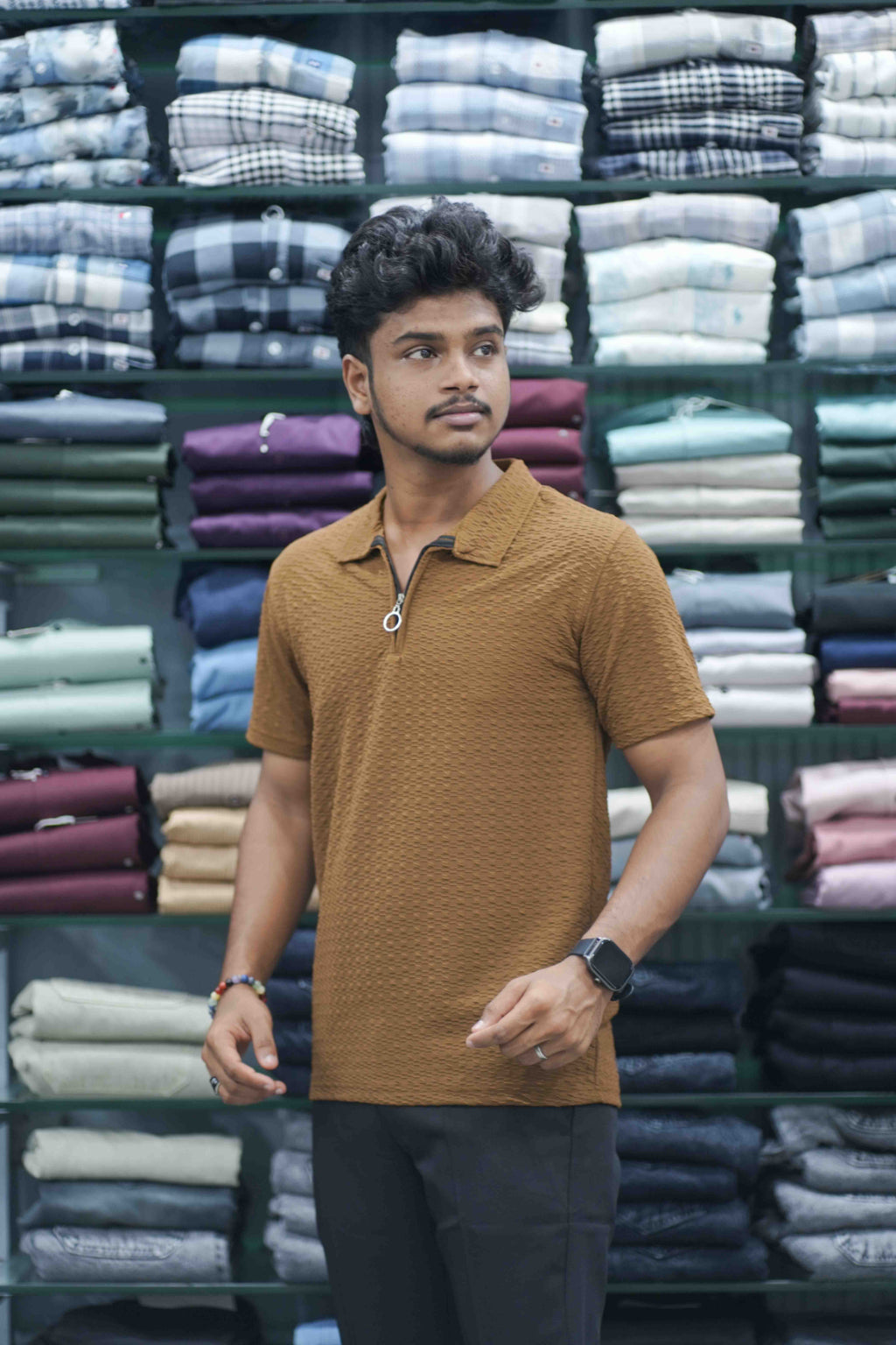 Men's Short Sleeve Zipper Collar T-Shirt | SQ Textured Knit Casual Wear - Brown-7 Man
