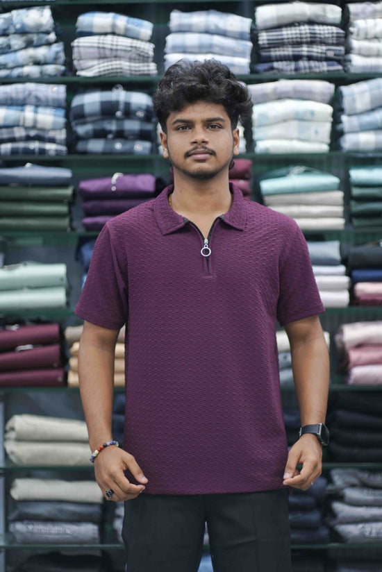 Men's Short Sleeve Zipper Collar T-Shirt | SQ Textured Knit Casual Wear - Grape Shade