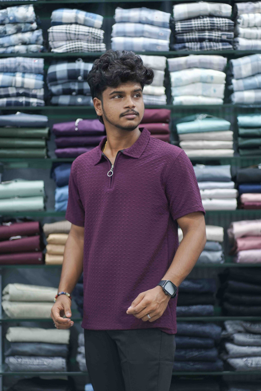 Men's Short Sleeve Zipper Collar T-Shirt | SQ Textured Knit Casual Wear - Grape Shade