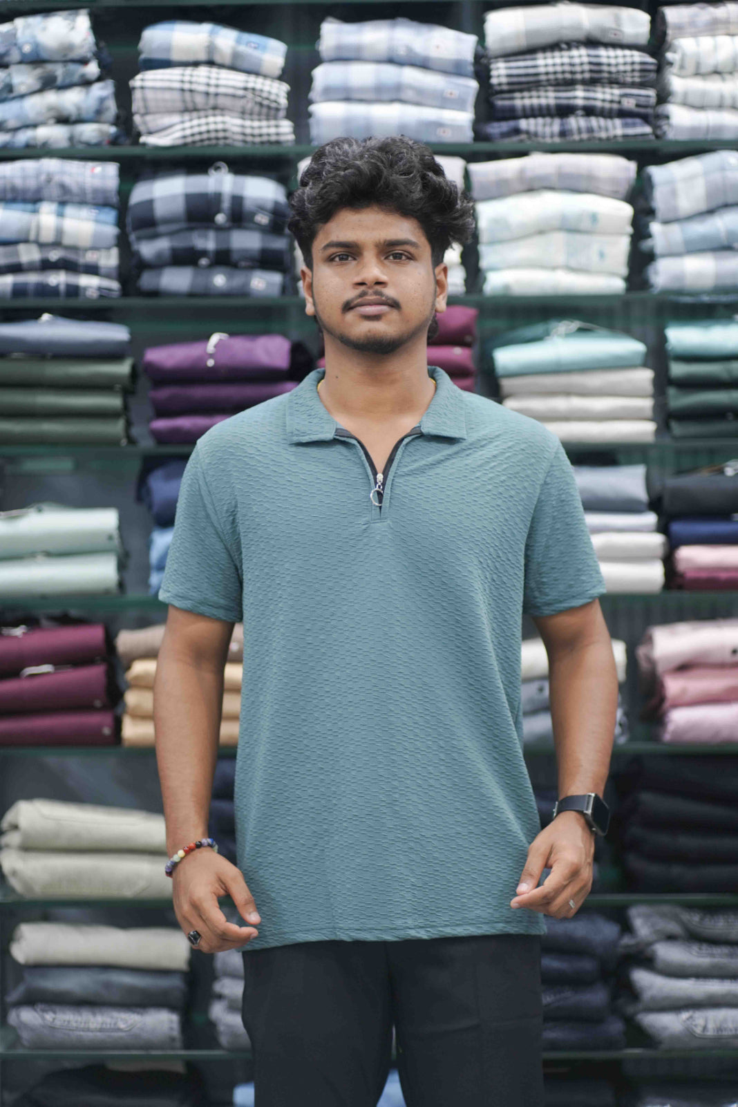 Men's Short Sleeve Zipper Collar T-Shirt | SQ Textured Knit Casual Wear - Blue-7 Man