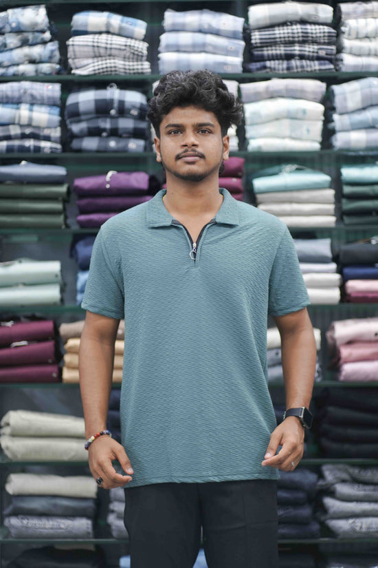 Men's Short Sleeve Zipper Collar T-Shirt | SQ Textured Knit Casual Wear - Blue-7 Man