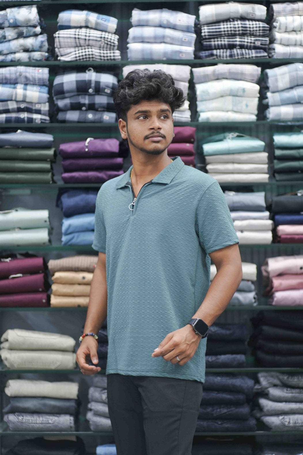 Men's Short Sleeve Zipper Collar T-Shirt | SQ Textured Knit Casual Wear - Blue-7 Man