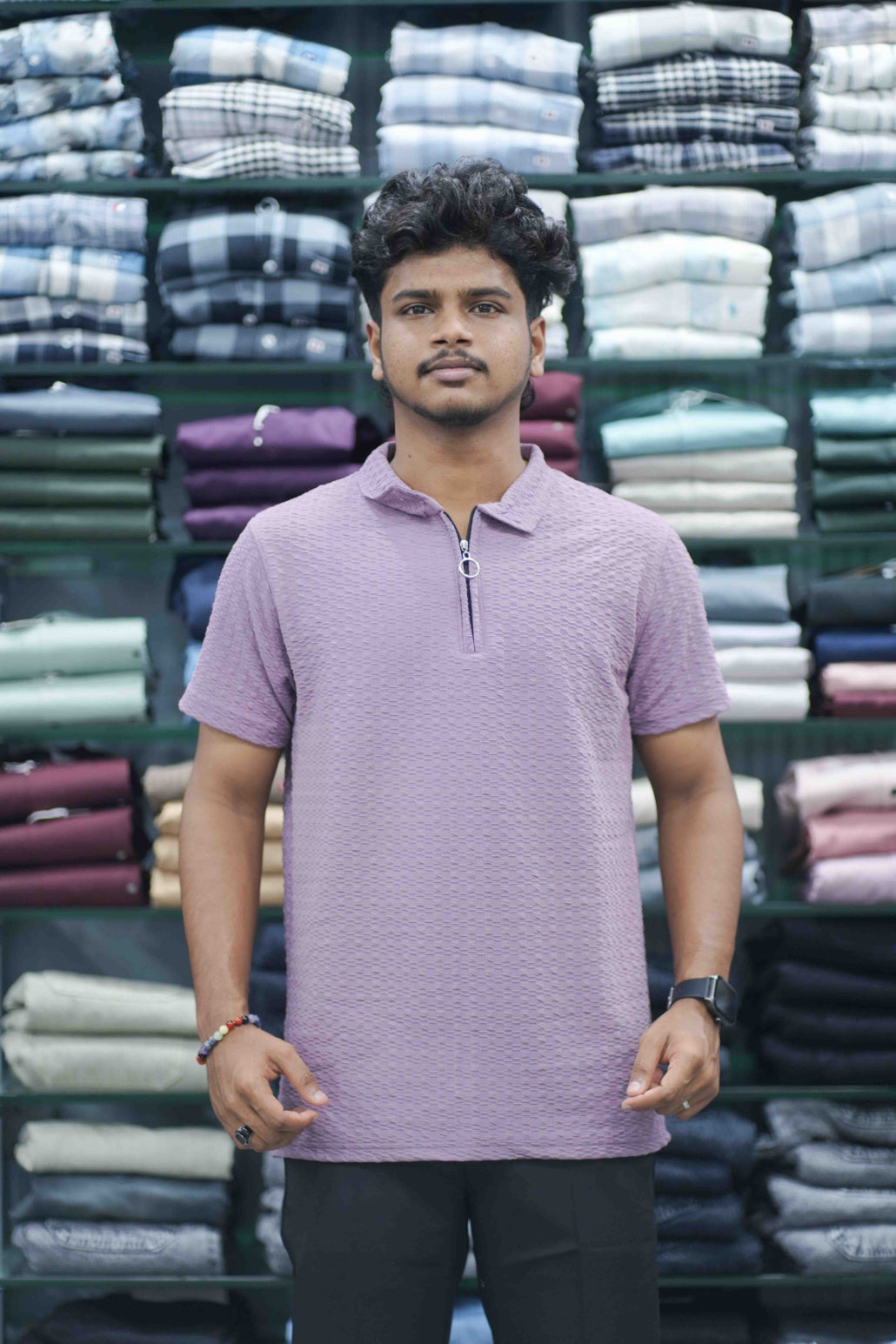 Men's Short Sleeve Zipper Collar T-Shirt | SQ Textured Knit Casual Wear - Purple-7 Man