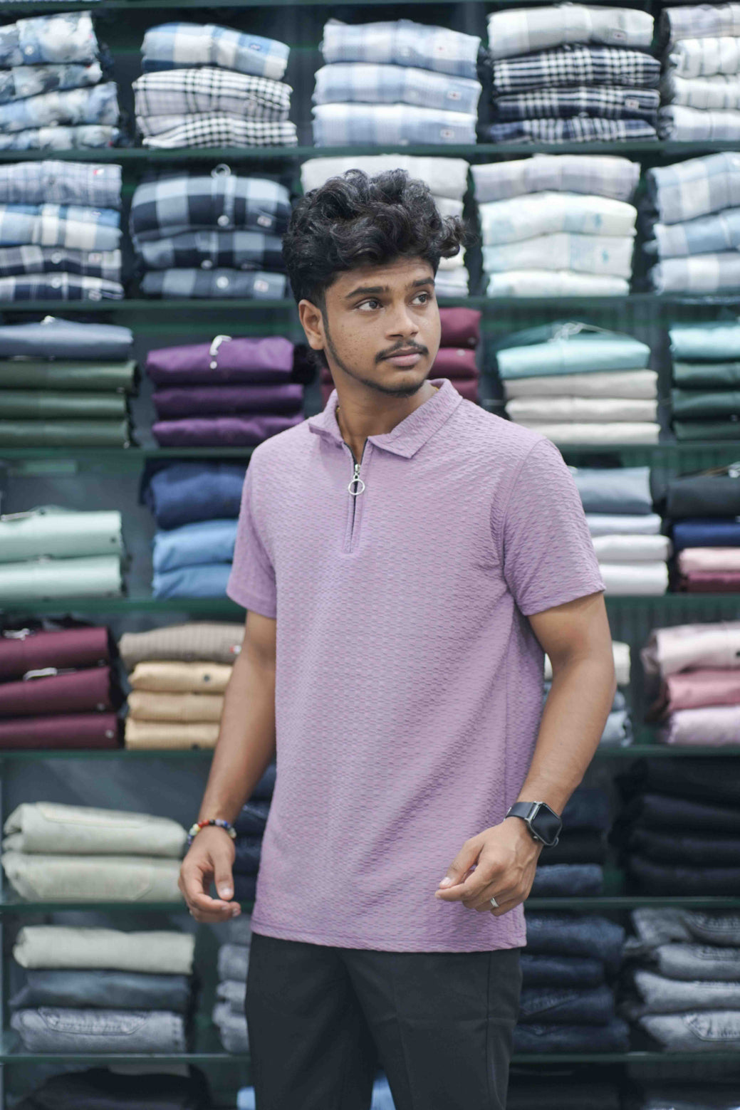 Men's Short Sleeve Zipper Collar T-Shirt | SQ Textured Knit Casual Wear - Purple-7 Man
