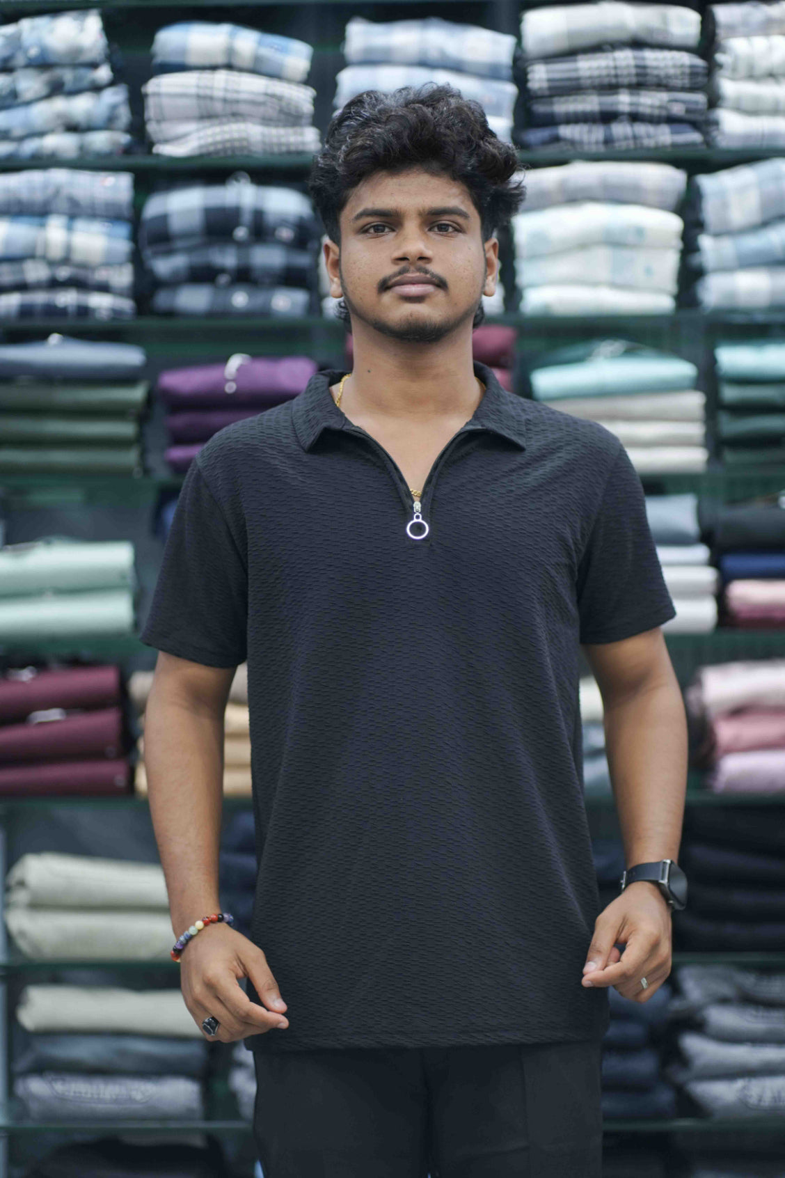 Men's Short Sleeve Zipper Collar T-Shirt | SQ  Textured Knit Casual Wear - Black