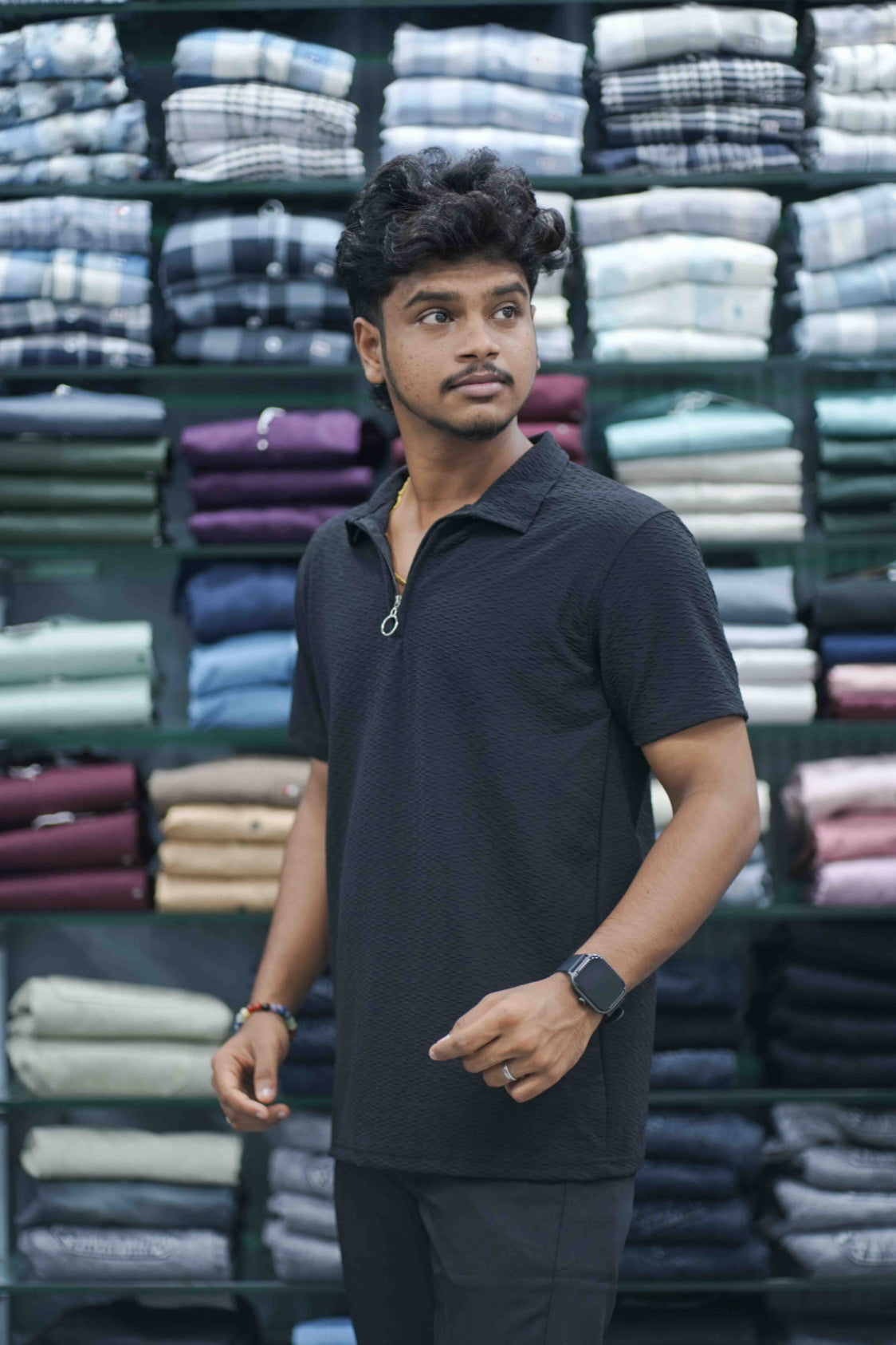 Men's Short Sleeve Zipper Collar T-Shirt | SQ  Textured Knit Casual Wear - Black