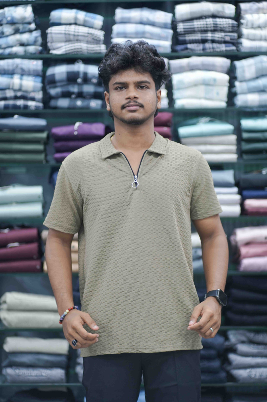 Men's Short Sleeve Zipper Collar T-Shirt | SQ Textured Knit Casual Wear - Light Brown-7 Man