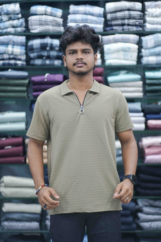 Men's Short Sleeve Zipper Collar T-Shirt | SQ Textured Knit Casual Wear - Light Brown-7 Man