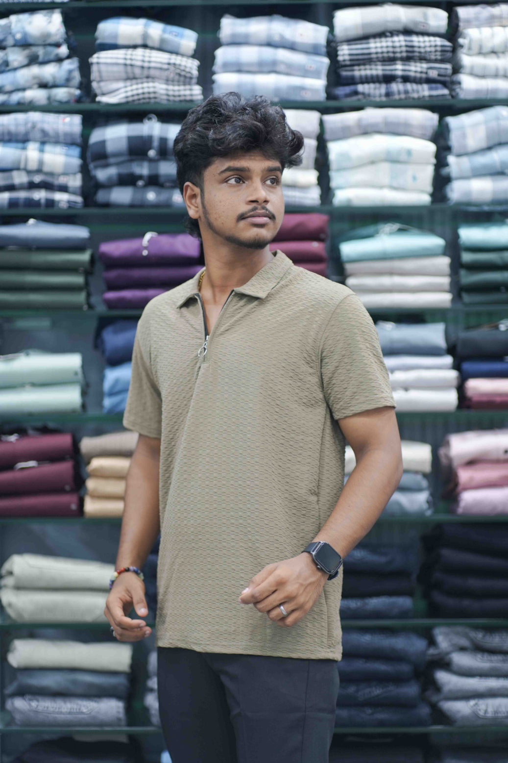 Men's Short Sleeve Zipper Collar T-Shirt | SQ Textured Knit Casual Wear - Light Brown-7 Man