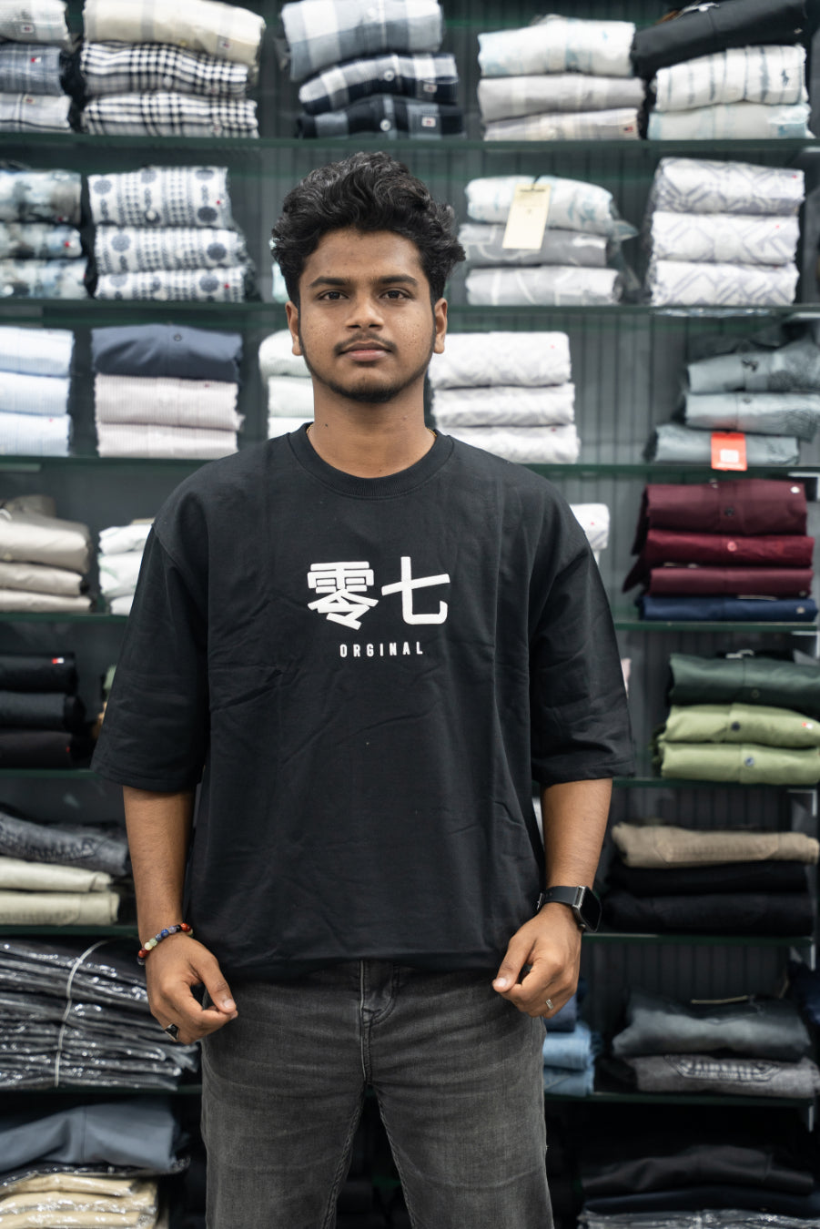 Five Sleeve Round Neck Oversized T-Shirt for Men – Black-7 Man