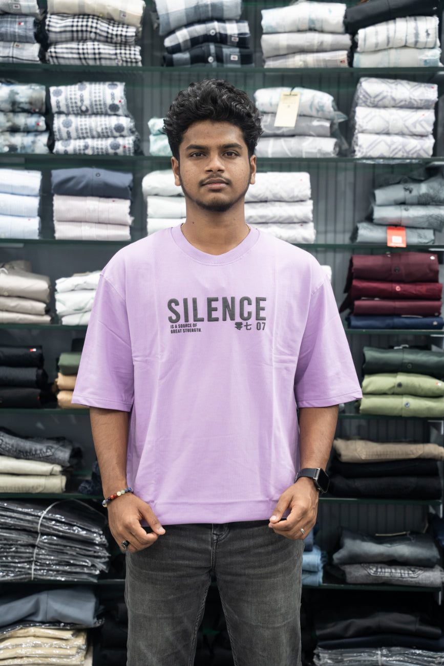 Five Sleeve Round Neck Oversized SILENCE Printed T-Shirt for Men – Purple-7 Man