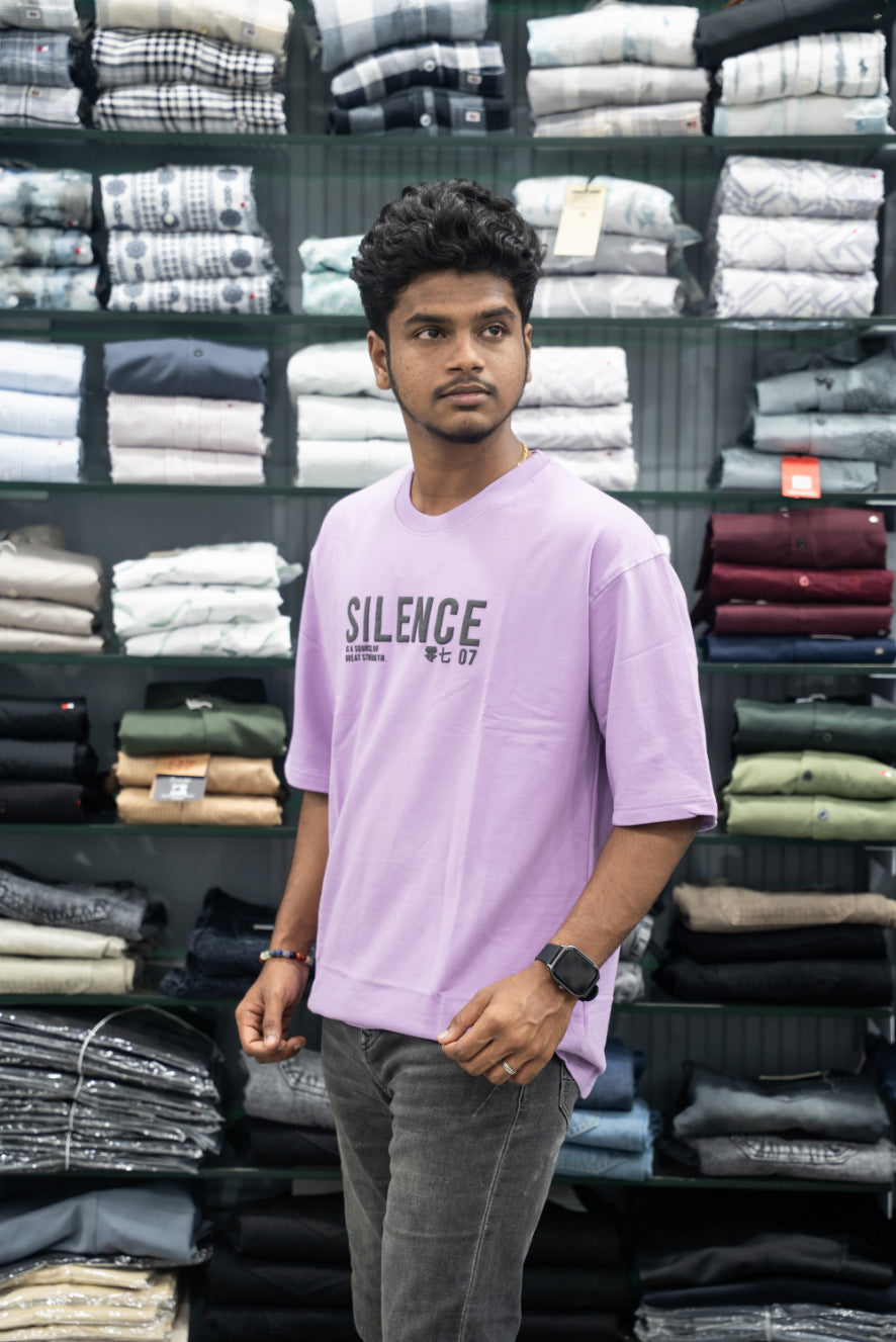 Five Sleeve Round Neck Oversized SILENCE Printed T-Shirt for Men – Purple-7 Man