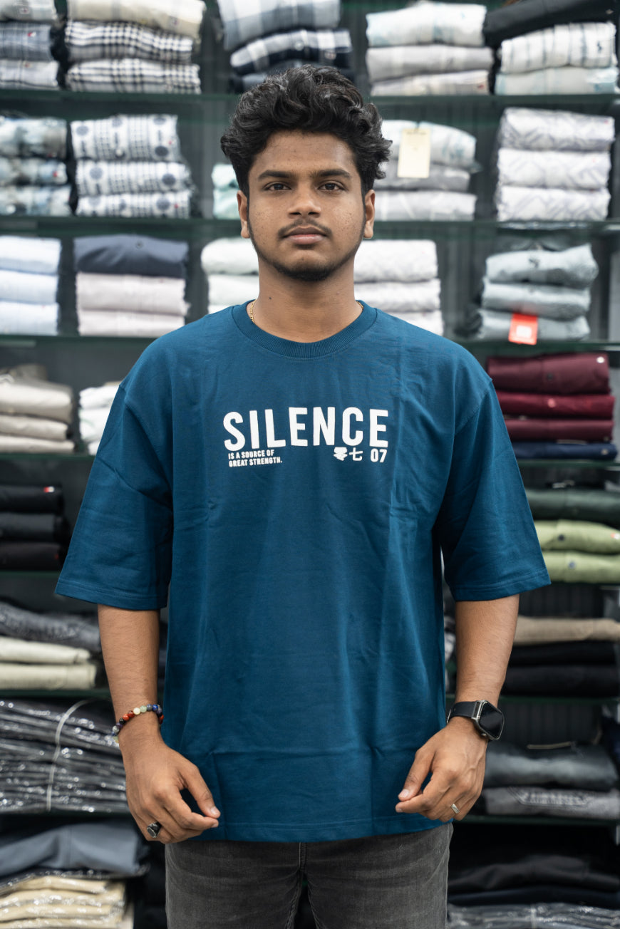 Five Sleeve Round Neck Oversized SILENCE Printed T-Shirt for Men – Ink Blue-7 Man