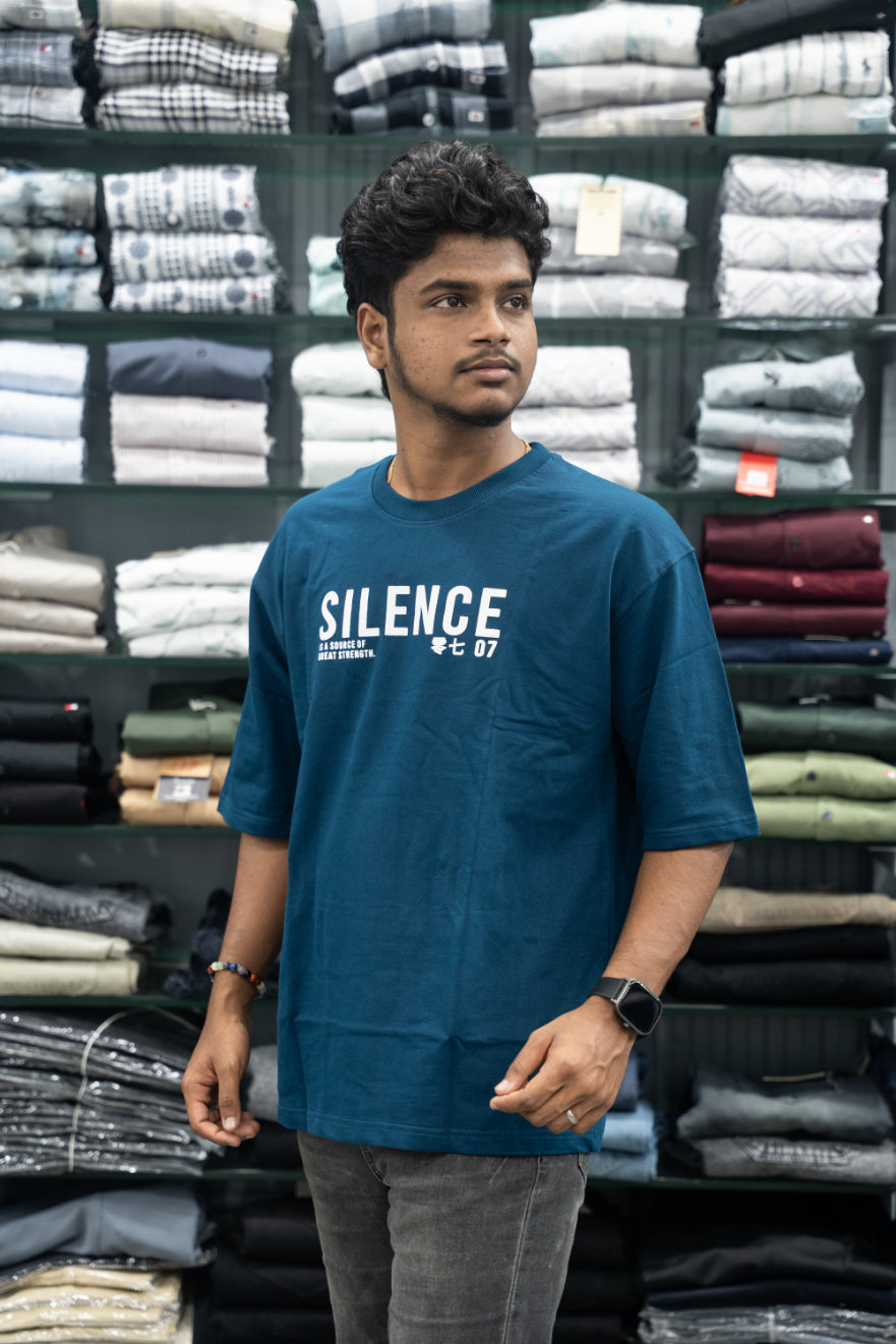 Five Sleeve Round Neck Oversized SILENCE Printed T-Shirt for Men – Ink Blue-7 Man