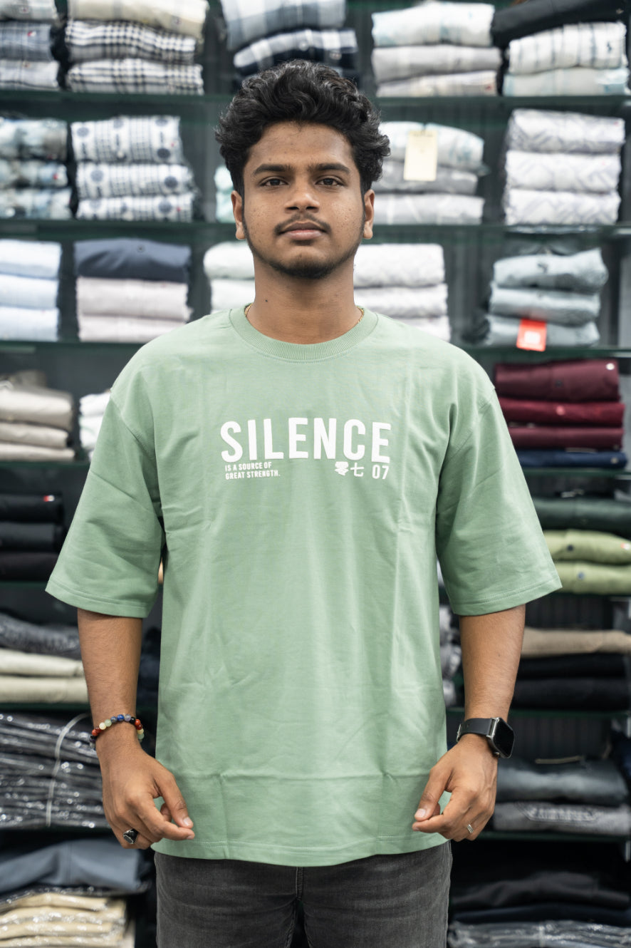 Five Sleeve Round Neck Oversized SILENCE Printed T-Shirt for Men – Pista Green-7 Man
