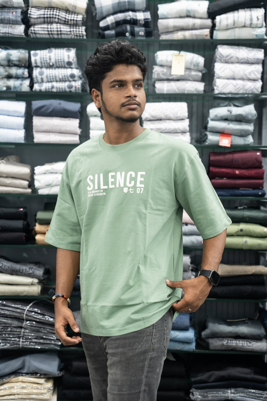 Five Sleeve Round Neck Oversized SILENCE Printed T-Shirt for Men – Pista Green-7 Man