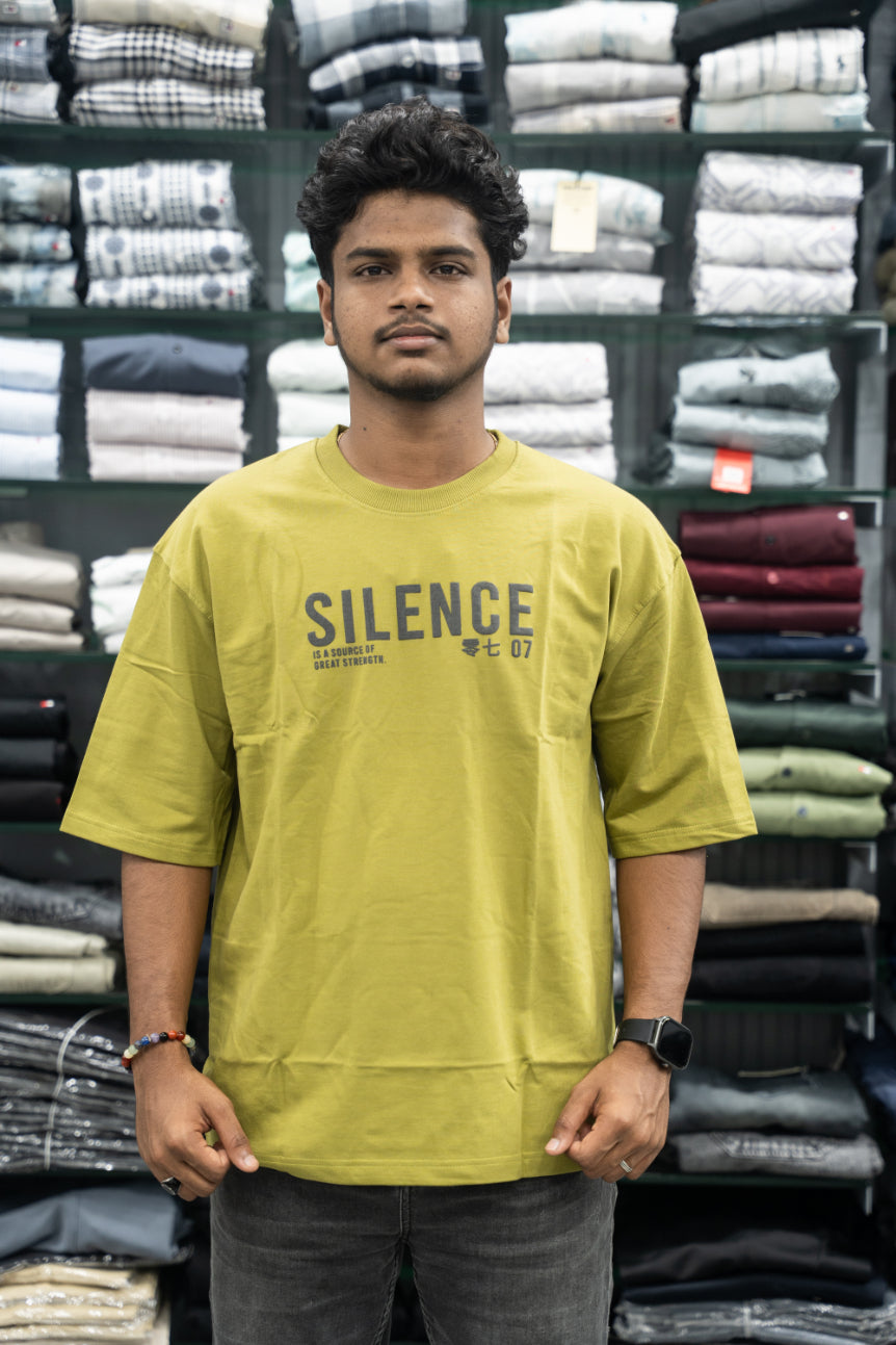 Five Sleeve Round Neck Oversized SILENCE Printed T-Shirt for Men – Yellow-7 Man