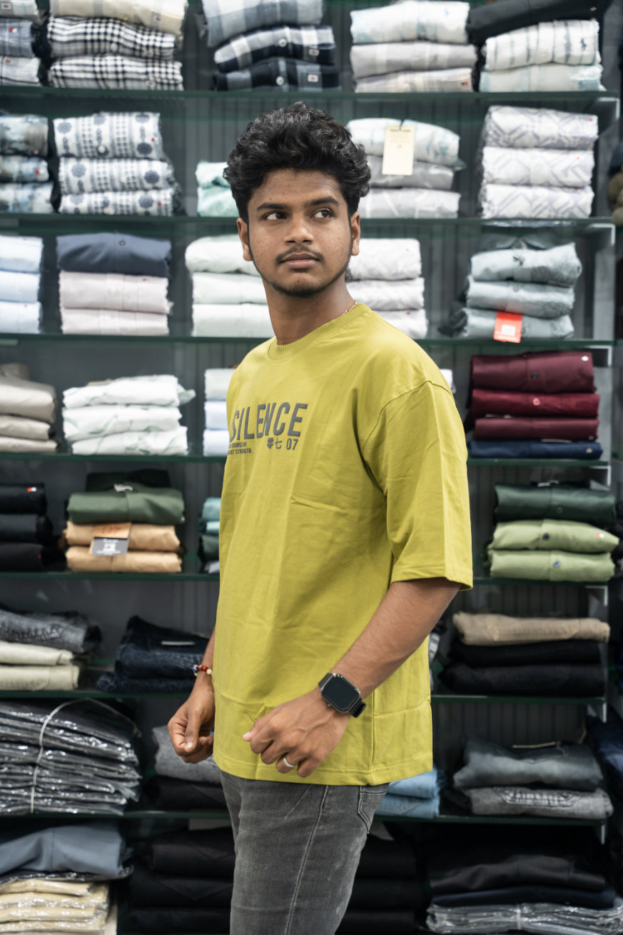 Five Sleeve Round Neck Oversized SILENCE Printed T-Shirt for Men – Yellow-7 Man